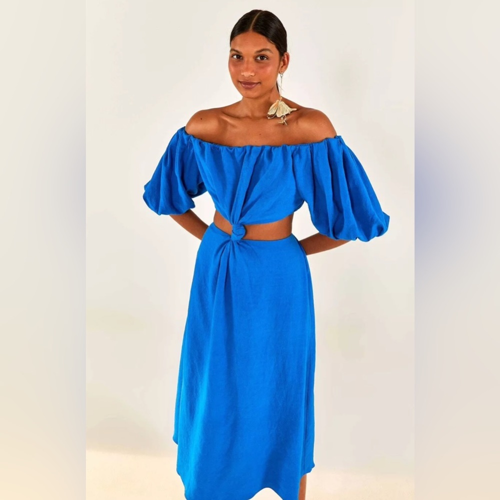 FARM Rio Blue Knot Midi Dress Linen Blend Sleeveless Cutout Sz L Resort Vacation